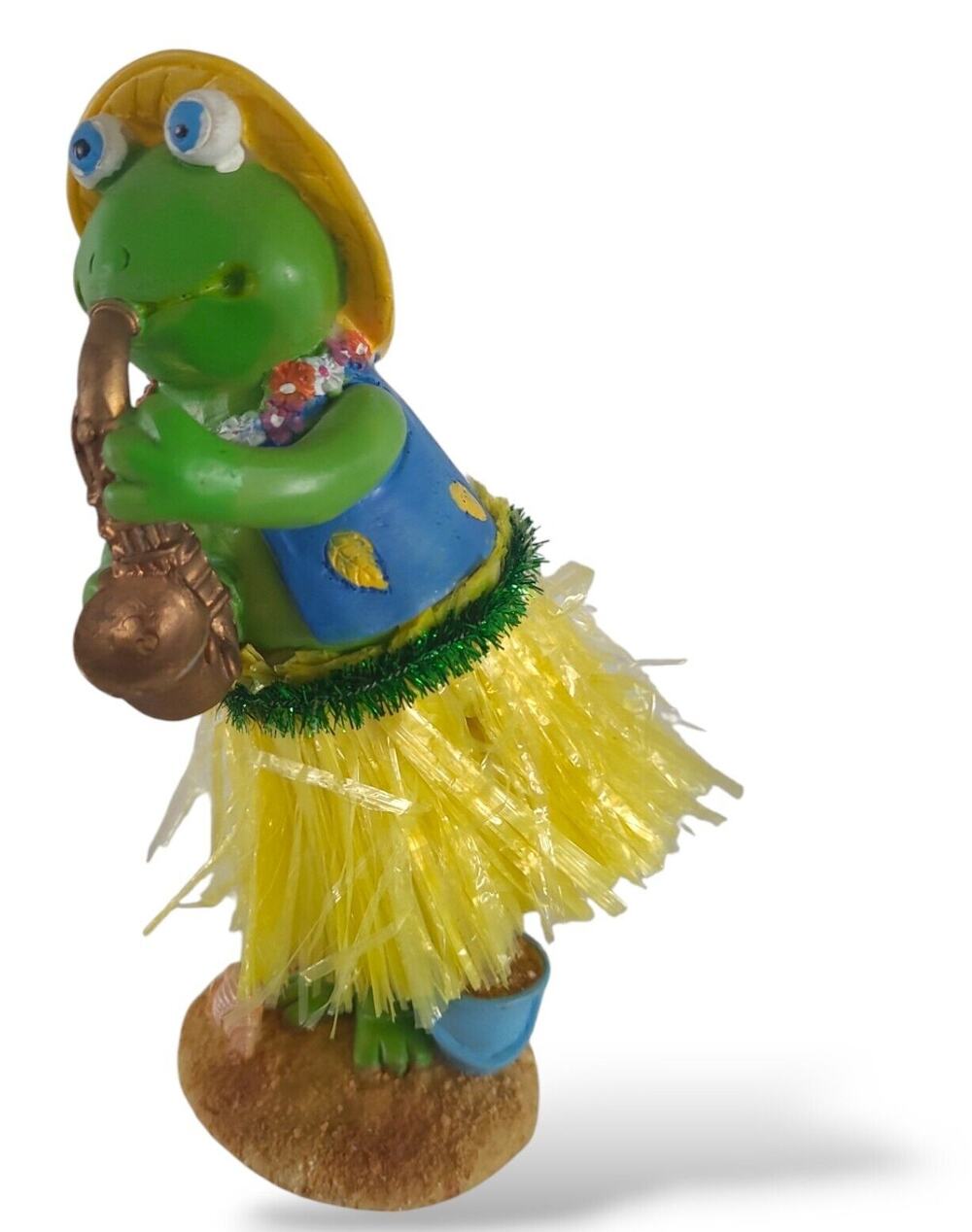 Dancing Frog Figurine Hula Grass Skirt Saxaphone Player 6" tall